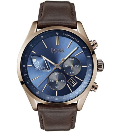 1513604 hugo boss watch men blue dial leather brown strap quartz analog chronograph grand prix 1