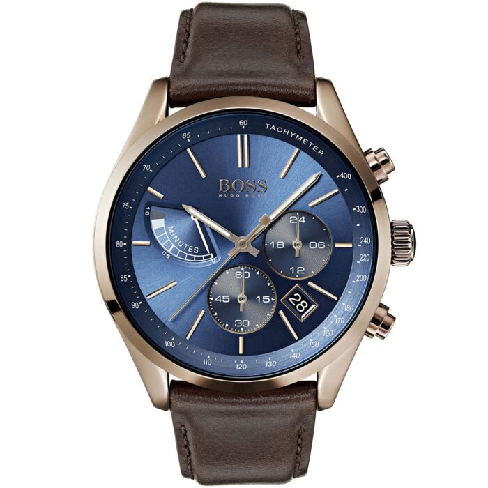 1513604 hugo boss watch men blue dial leather brown strap quartz analog chronograph grand prix 1